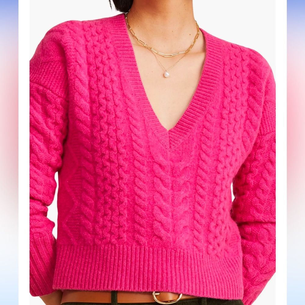 New Vineyard Vines Cable Knit V-Neck 100% Merino Wool Crop Sweater - Dahlia $168